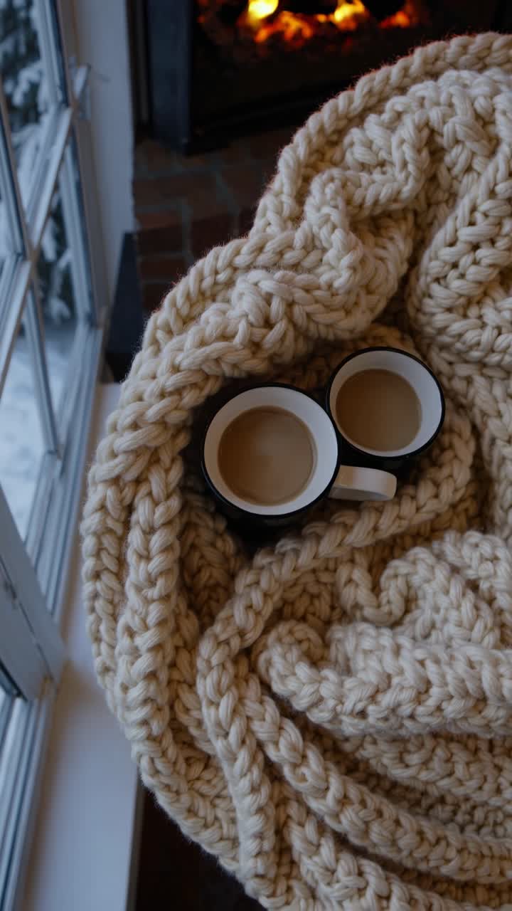 Cozy video scene of two coffee mugs nestled in a chunky knit blanket by a fireplace