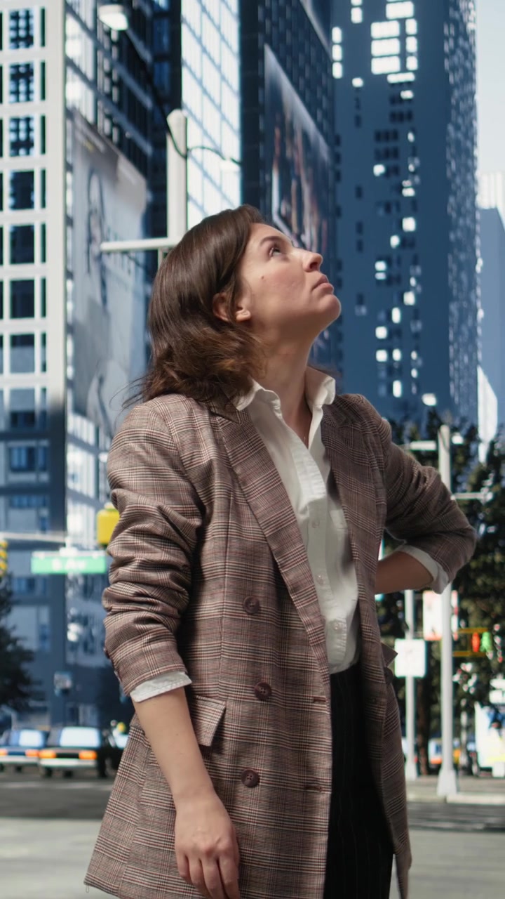 Video verticale: Donna d'affari che guarda in alto verso l'architettura moderna nel centro città
