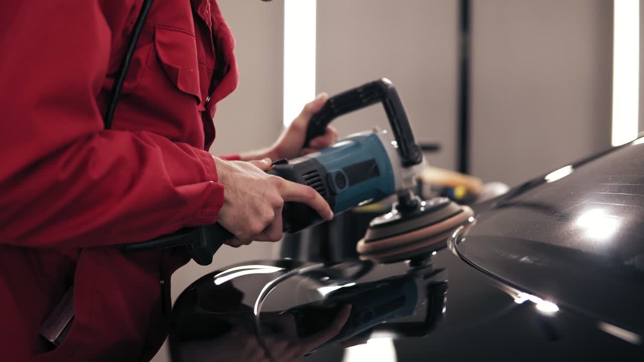 Unrecognizable male hands polishing black car's surface.