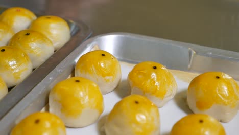 Hand-Put-Baked-Chinese-Pastry-on-Tray,-Close-Up