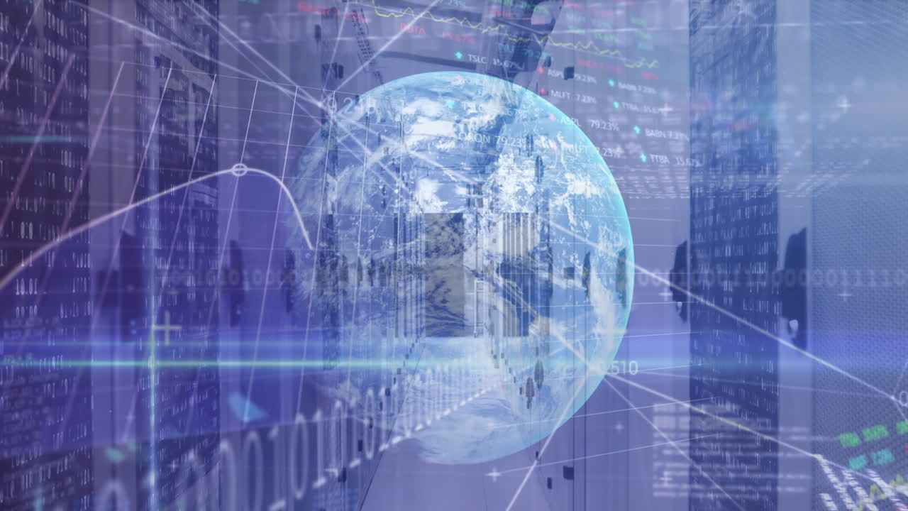 Animation of globe and data processing over computer servers
