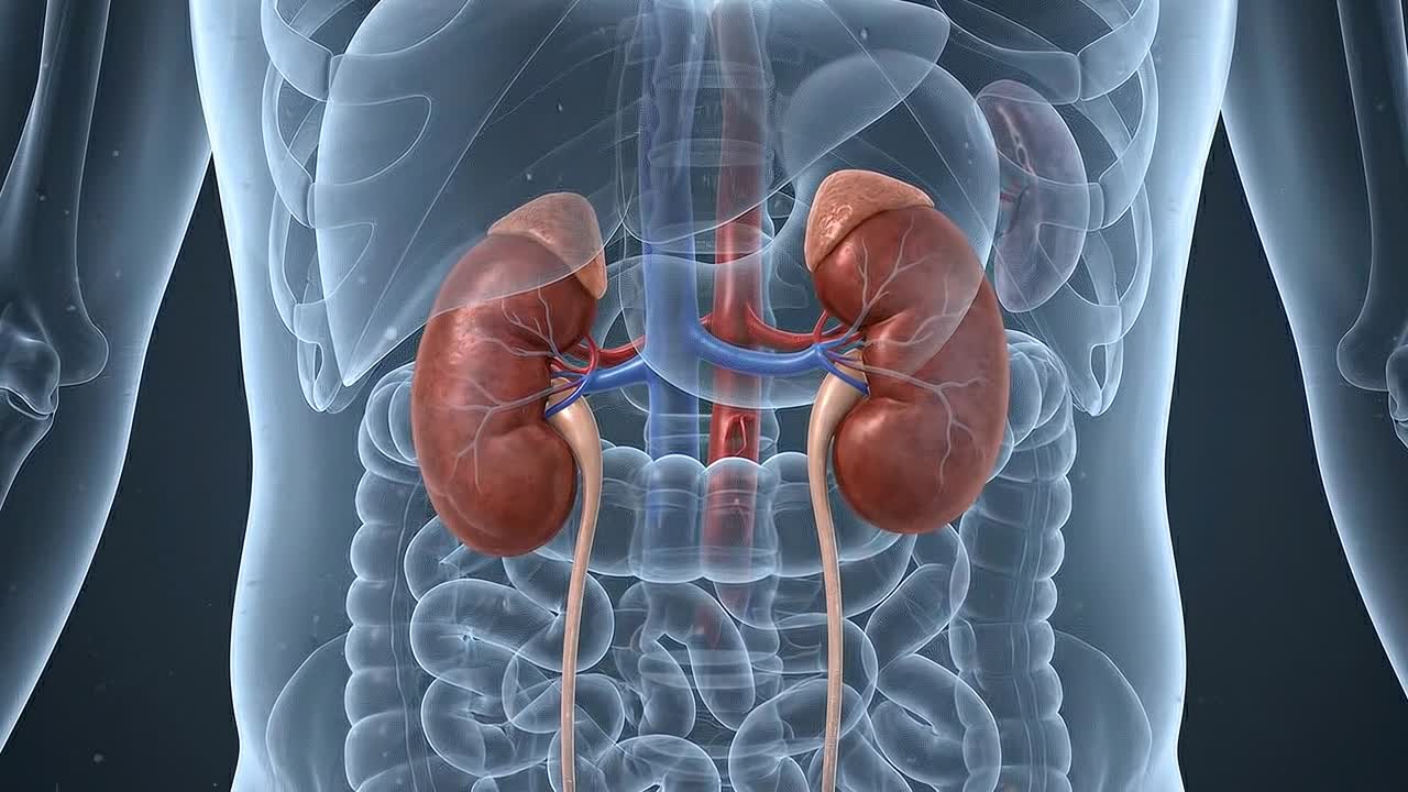 3D medical visualization showing human digestive system with liver stomach intestines inside transparent torso