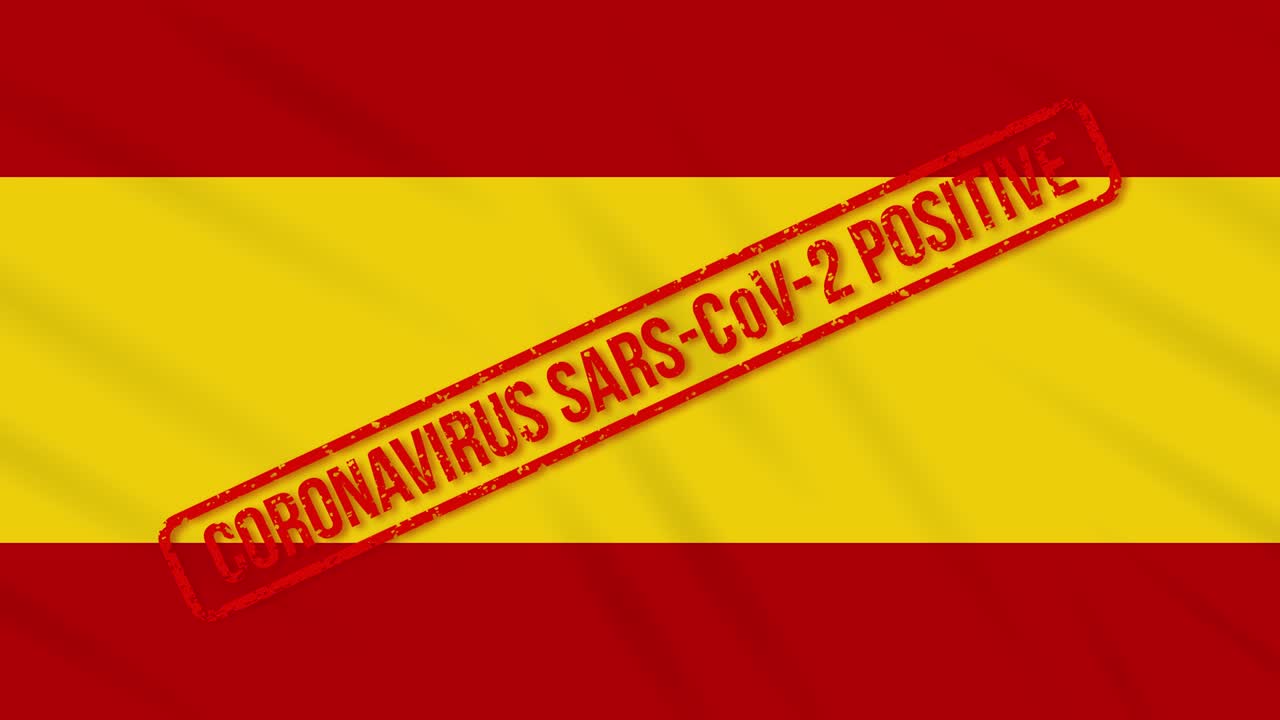 bandera de españa balanceada estampada con respuesta positiva a covid-19, bucle