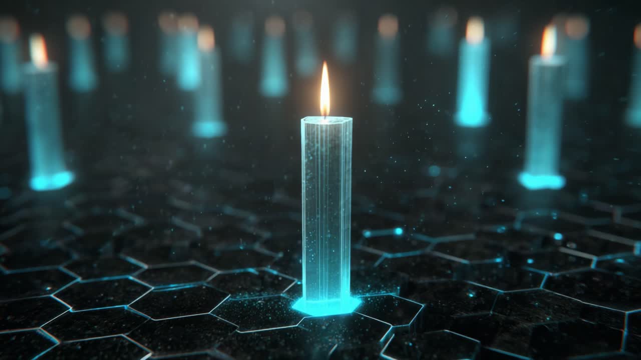 Una serena esposizione di candele illuminate in un ambiente high-tech, che mette in mostra un'atmosfera meditativa con illuminazione eterea e motivi geometrici