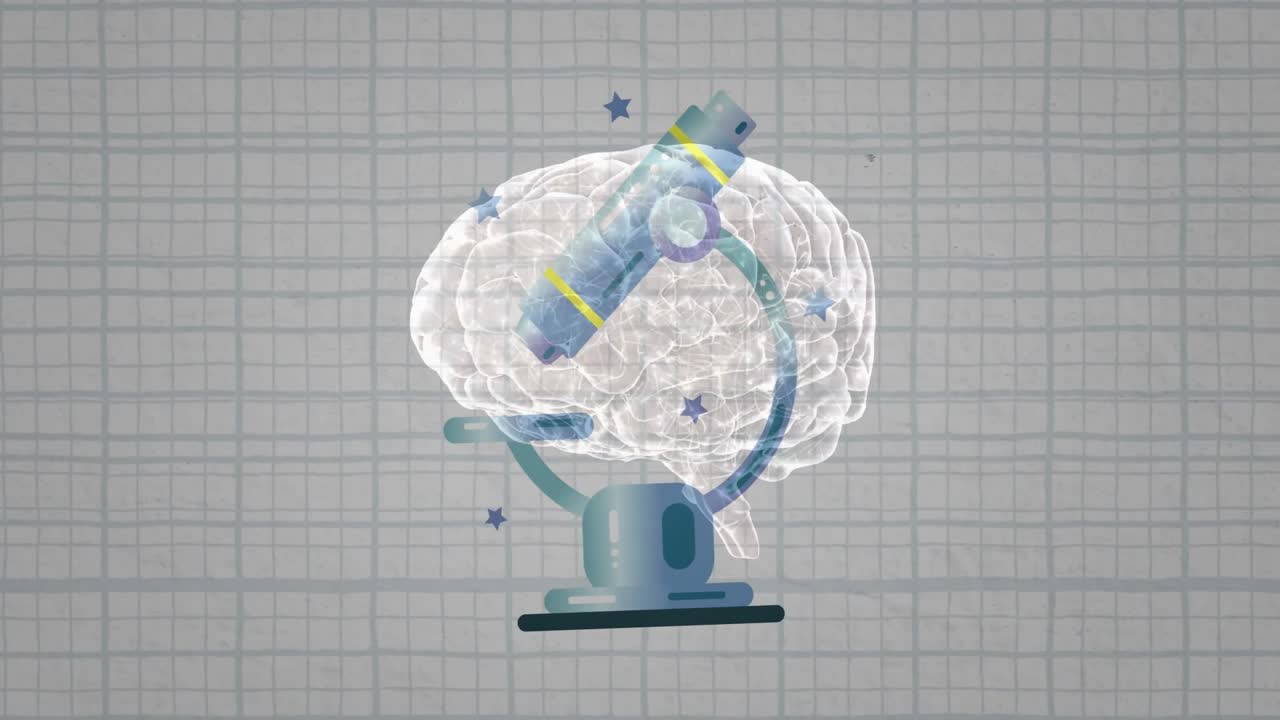 Cylinder appearing and rotating around brain while purple stars popping for neural visualization