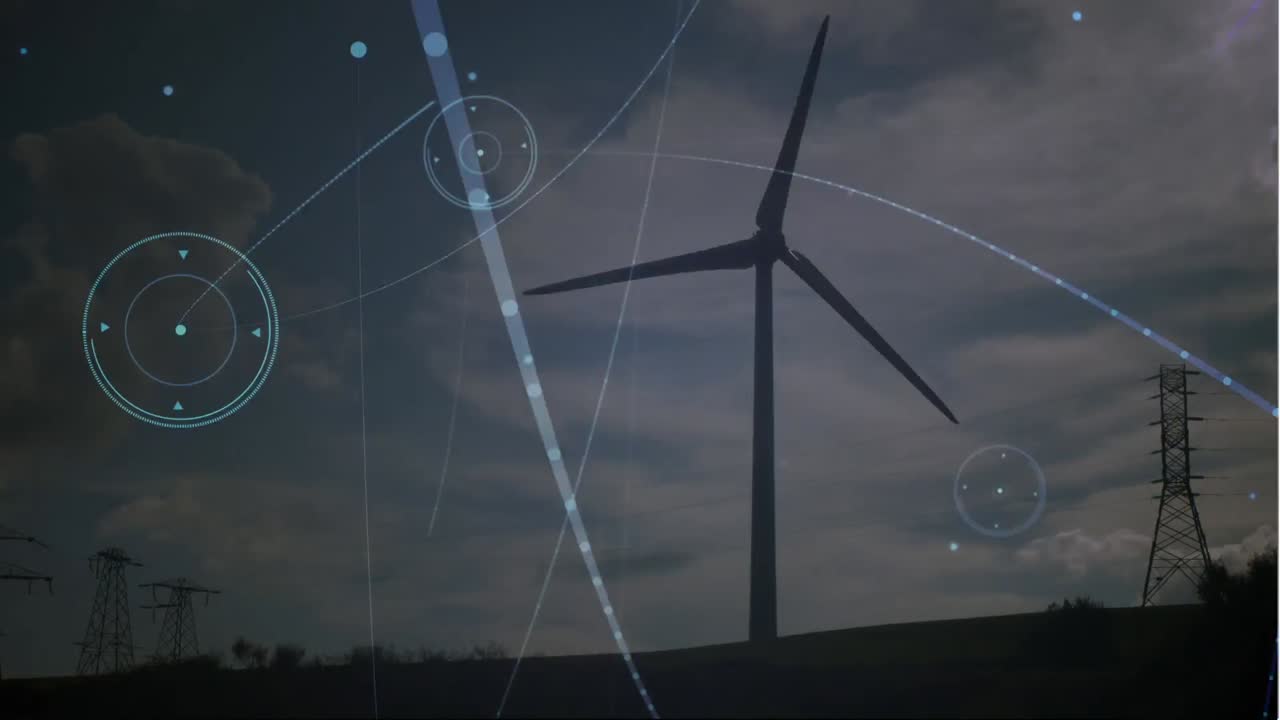 Animation of network of connections over spinning windmill against blue sky