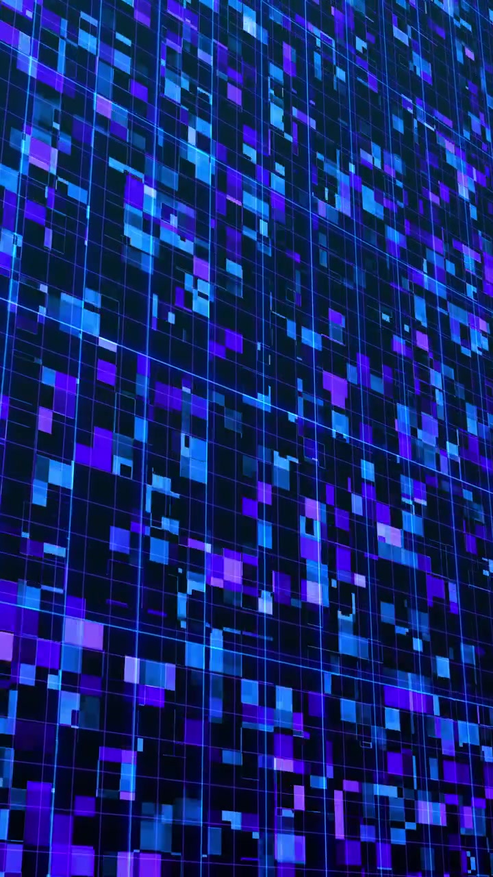 Abstract Digital Background with Moving Blue and Purple Pixel Grid