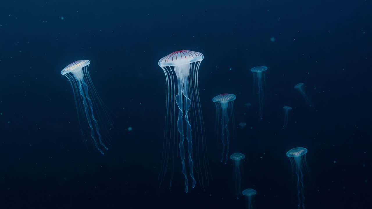 Urzekająca scena podwodna przedstawiająca liczne meduzy płynące z gracją przez głęboki błękit oceanu, ukazujące ich eteryczną elegancję i bioluminescencyjne piękno.