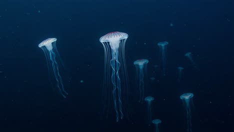 a captivating underwater scene featuring multiple jellyfish gliding gracefully through the deep blue ocean, showcasing their ethereal elegance and bioluminescent beauty