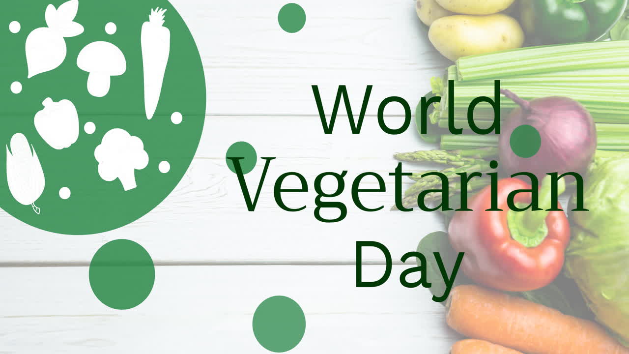 세계 채식주의 날 텍스트의 애니메이션 초록색과 로고,  ⁇  보드에 신선한 채소 위에