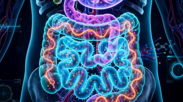 Digital Medical Visualization Of Human Digestive System Function Data-Style Glowing Tract In Dark Space