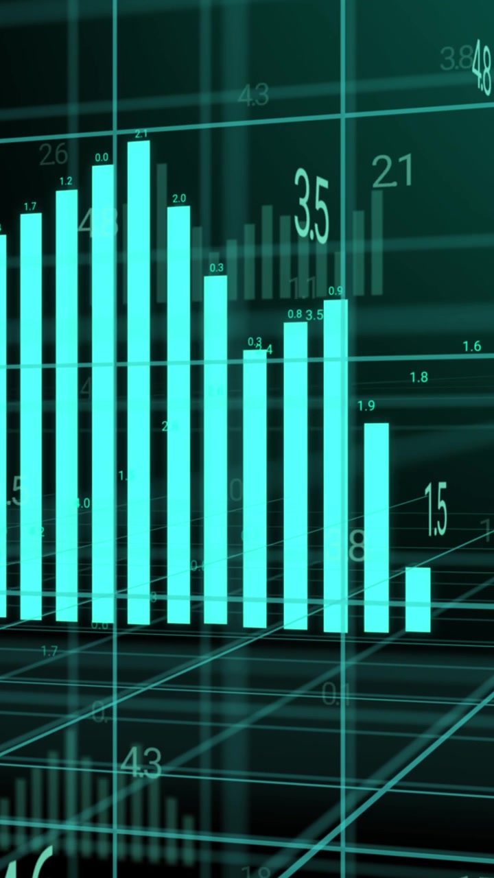 Animation of blue graph and data processing over 3d grid