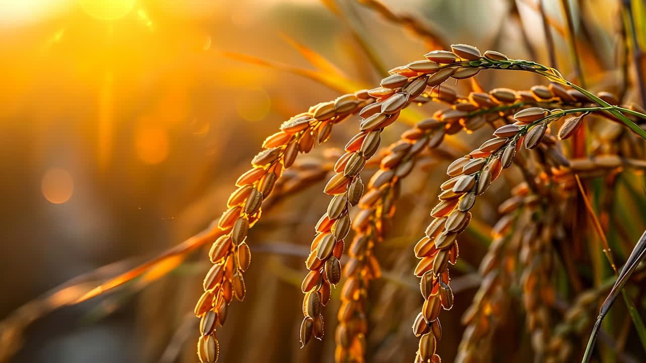 Golden rice ears glistening at sunset. Golden rice ears sway gently in the warm evening breeze as the sun sets, casting a rich glow over the field