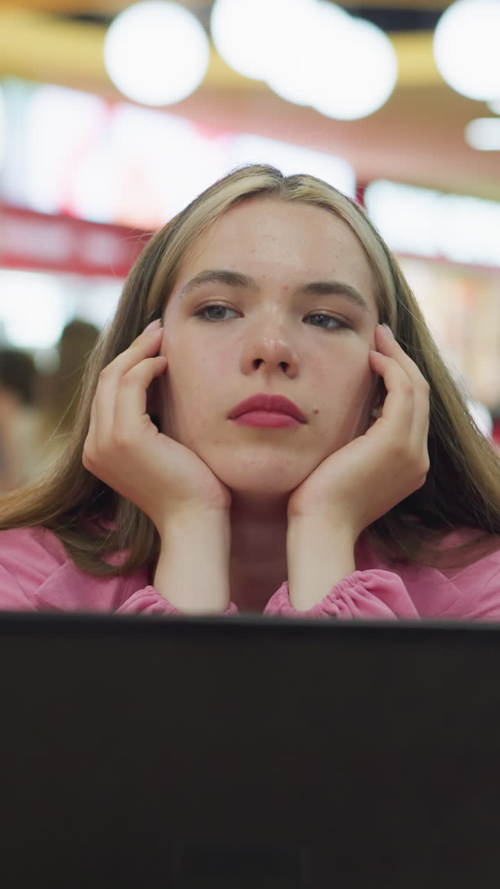 Young woman in pink dress sits in front of her laptop, resting her chin on both hands and appearing deep in thought, blurred background of people in a busy, well-lit restaurant, with blur light
