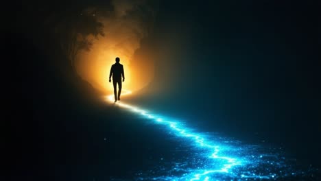 a solitary figure approaches a radiant pathway illuminated by vibrant blue light in a secluded forest during nighttime. the surrounding atmosphere is shrouded in darkness, creating a striking contrast against the luminous path. trees can be faintly seen in the background, enhancing the sense of myst
