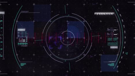 Animation-of-scope-scanning-and-data-processing-over-squares-on-black-background