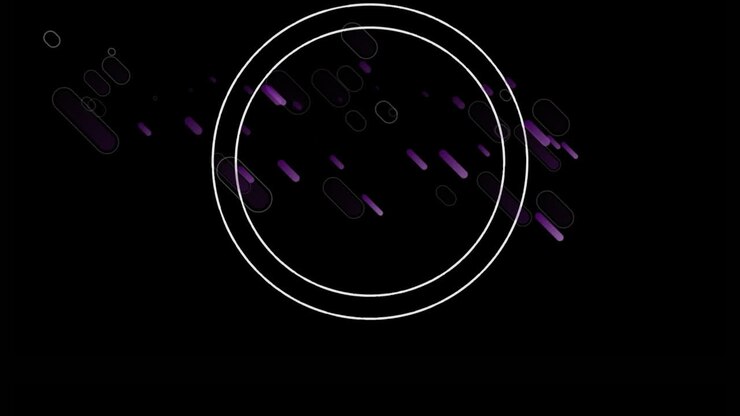 Animazione di anelli bianchi con effetto glitch su scie luminose viola su sfondo nero.