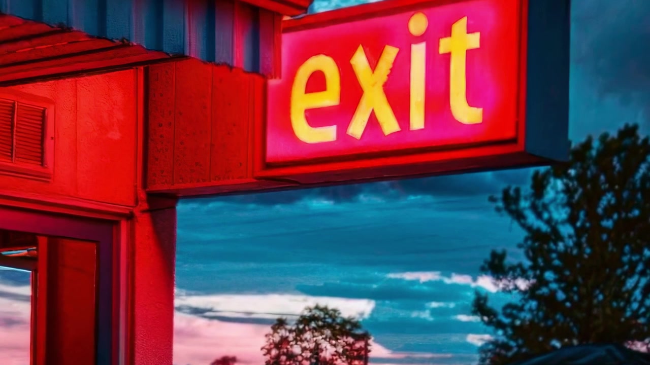 Glowing Red Exit Sign Against a Dramatic Twilight Sky