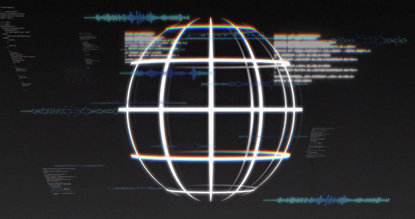 Wireframe globe appearing and rotating, glitch lines, code, waveform graphics and nodes sliding
