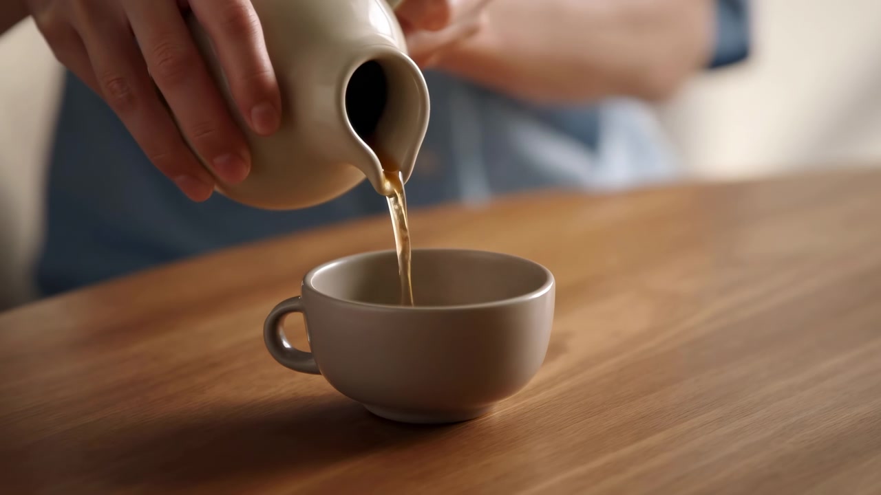 Primo piano di tè versato in tazza, mani inclinano brocca di ceramica sopra la tazza su tavolo di legno, vapore caldo sale, morbido