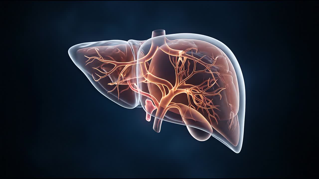 Detailed human liver anatomy with vascular system visible in transparent organ medical science visualization