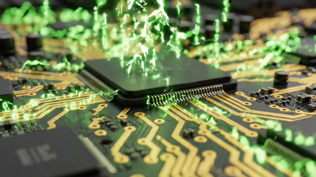 Detailed Close-up of Modern Circuit Board with Black Chips and Vibrant Green LED Lights, Highlighting Complex Electrical Pathways and Technology Integration