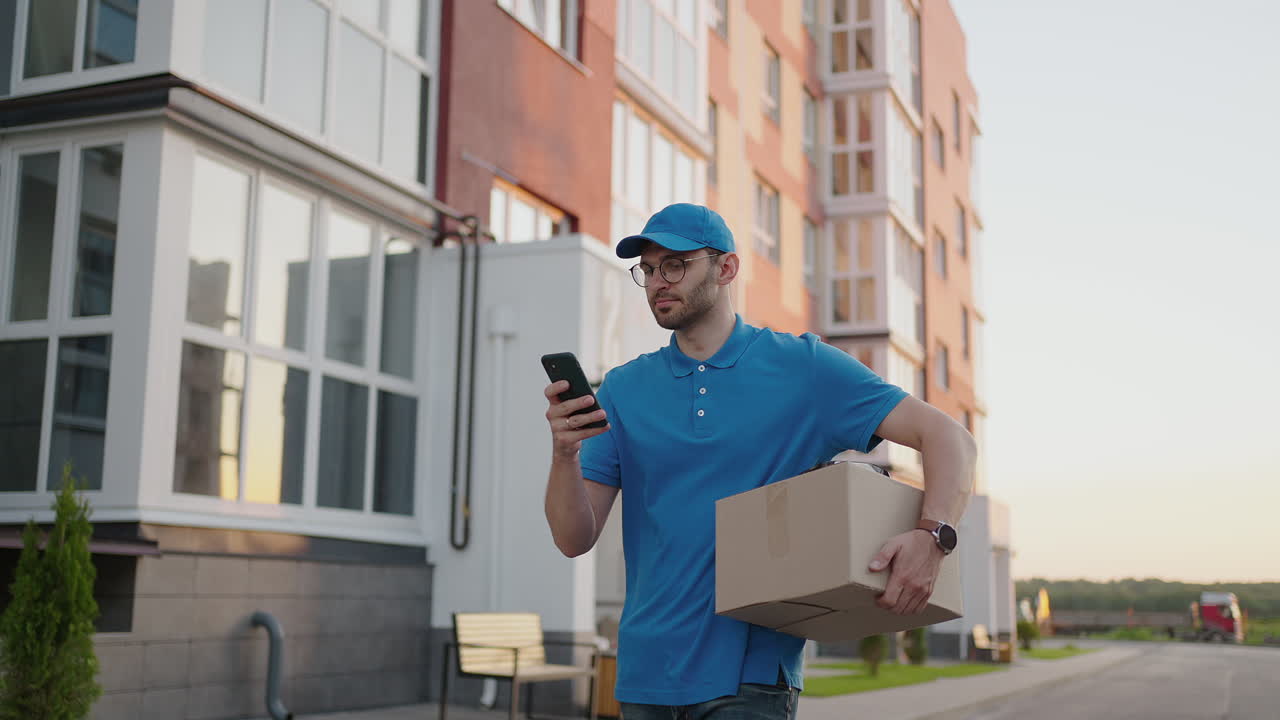 un cartero masculino con gafas redondas lleva cajas para su entrega a los clientes y mira su teléfono móvil. busque en el teléfono móvil la dirección de entrega. terminal de pago.