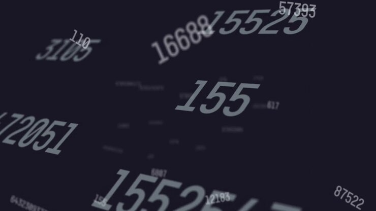 Digital animation of multiple changing numbers moving and floating against blue background