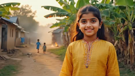 young indian girl in vibrant traditional yellow dress, smiling radiantly while standing amid rural village scenery, with local children playing near dusty road and simple houses