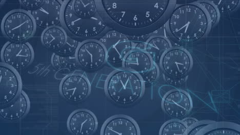 animation of 5g text over multiple clocks ticking