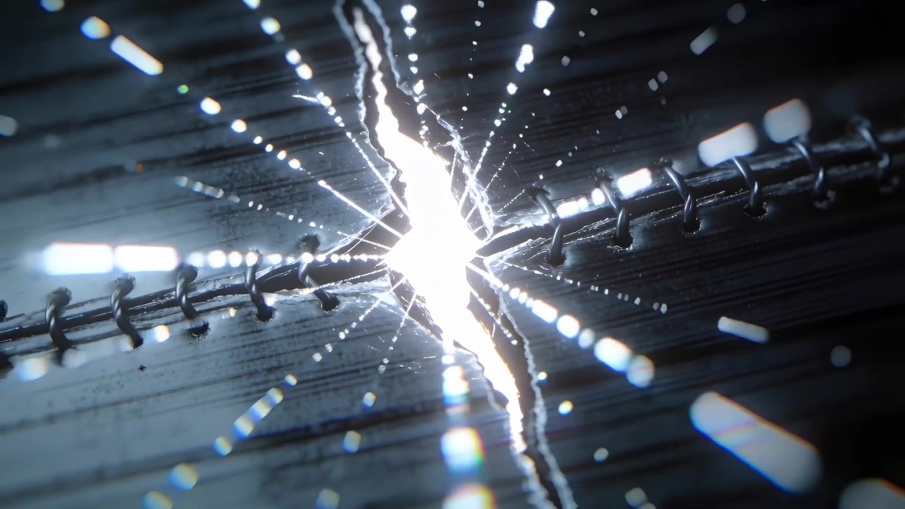 Showing central fissure forming and focusing across horizontal coil in macro close-up, with sparks