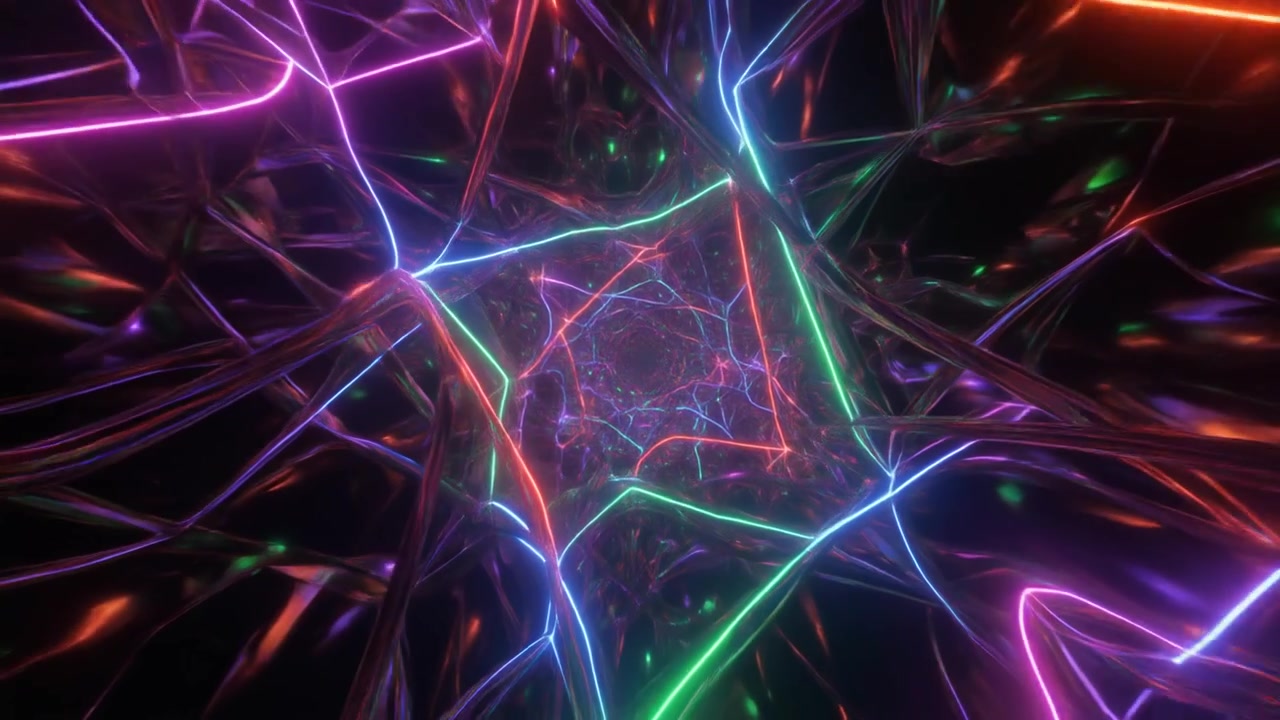Tunnel di luce al neon astratto con strutture geometriche