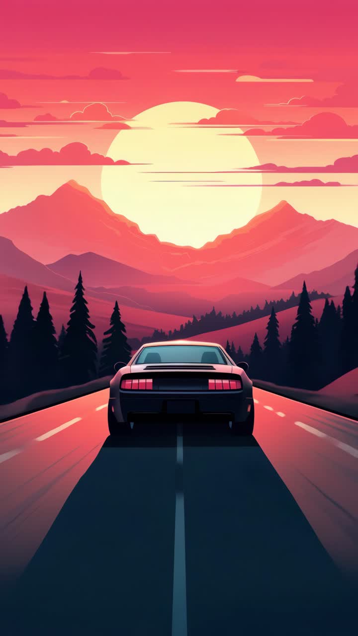 Retro-futuristic video concept with a low-angle view of a car driving towards a vibrant sunset