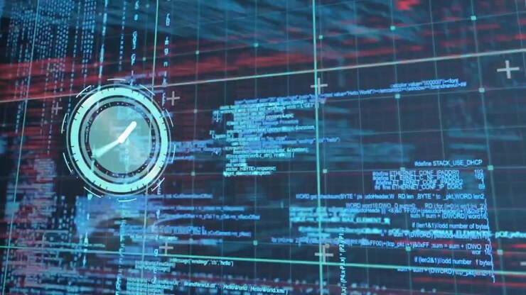 Digital Clock Overlaying Scrolling Computer Programming Code