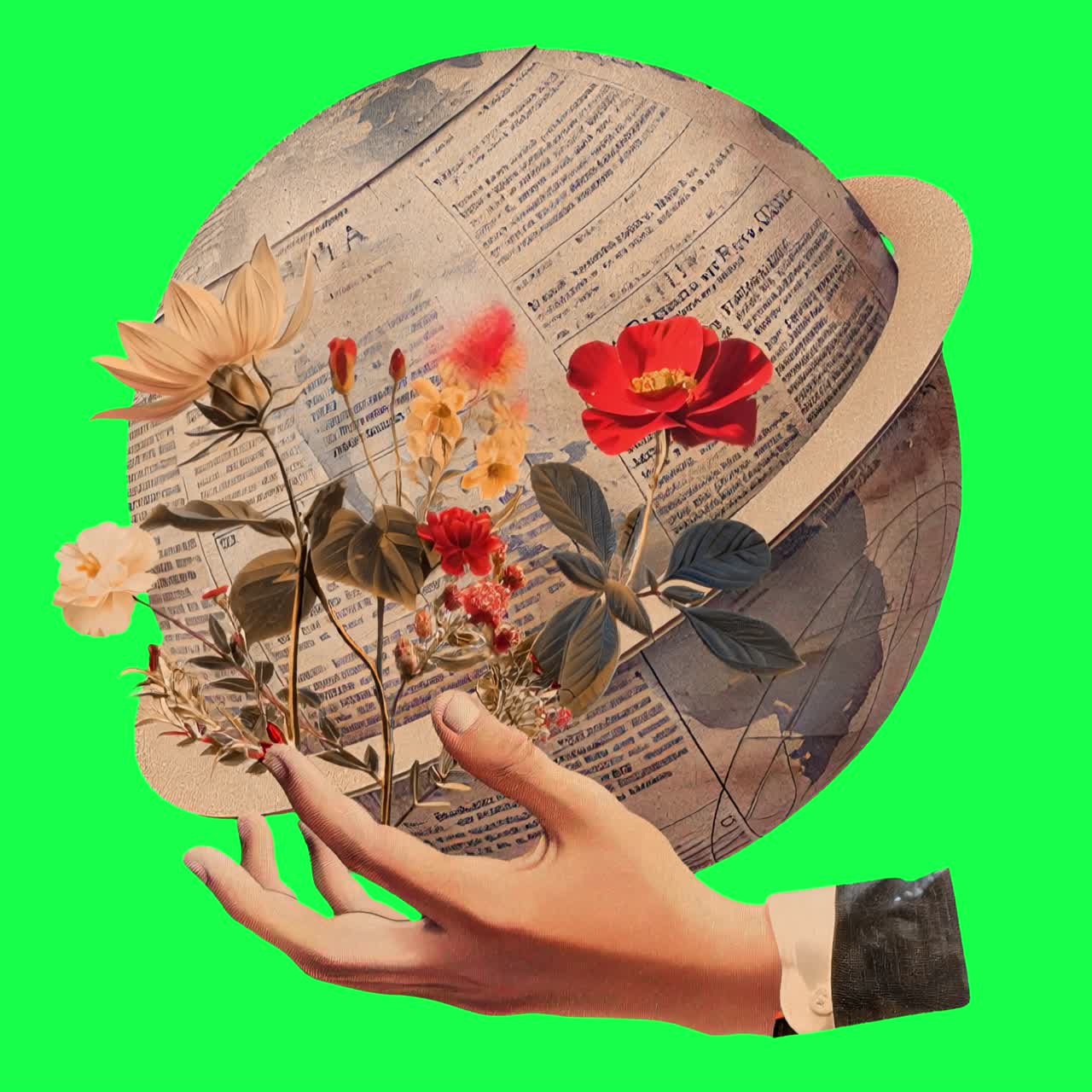 Surreal floral planetary collage animation, transparent 4K video, green screen