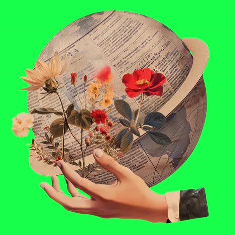 surreal floral planetary collage animation, transparent 4k video, green screen