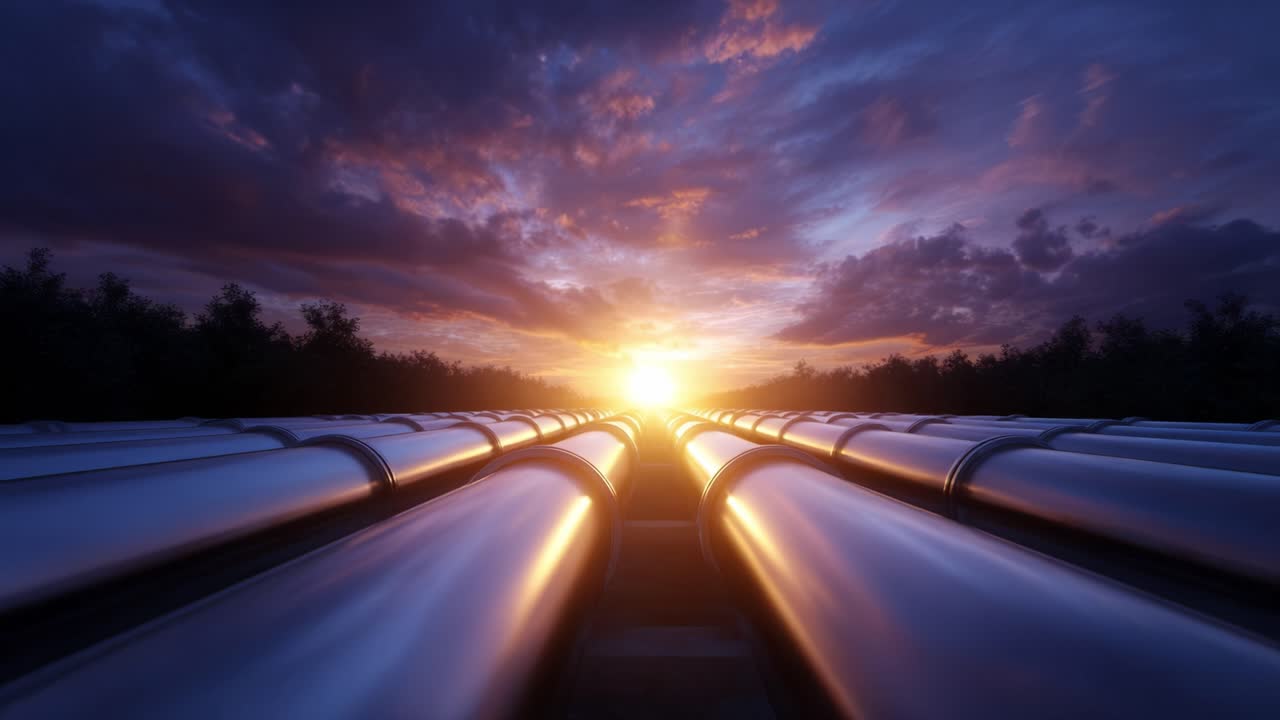 A Beautiful Sunset Over Piping Infrastructure with Silhouetted Trees in the Background, evoking a Sense of Peace and Industrial Integration in Nature