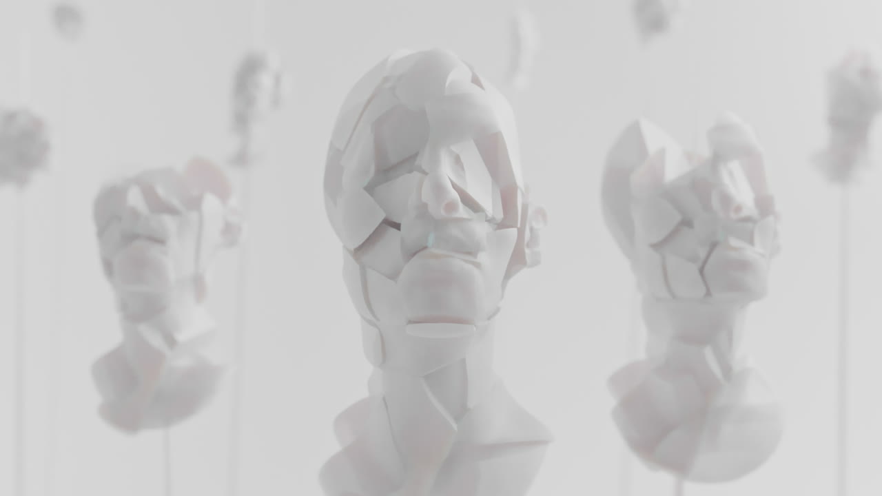 Multiple crushed android heads on spikes in white space