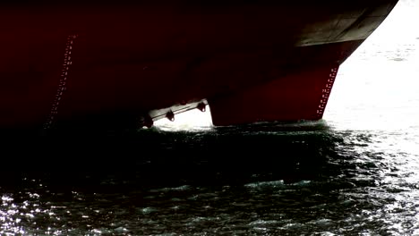 Bulbous bow and keel of bulk cargo ship, close up
