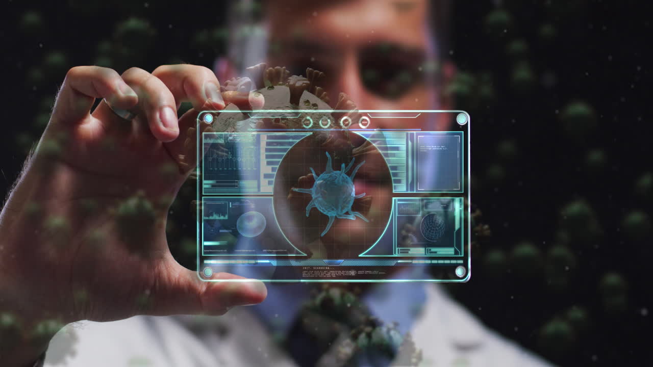 animación de las células del virus y interfaz digital sobre el médico masculino