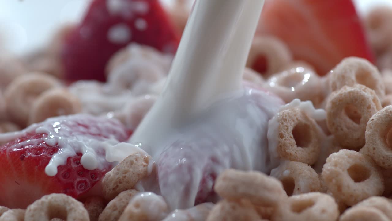 leche vertiendo en un cuenco de cereales con fresas