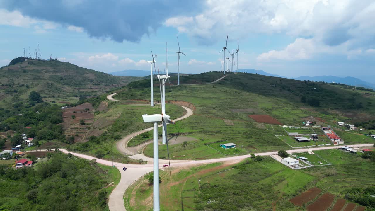 Rural Landscape with wind turbines in Honduras, renewable energy progress