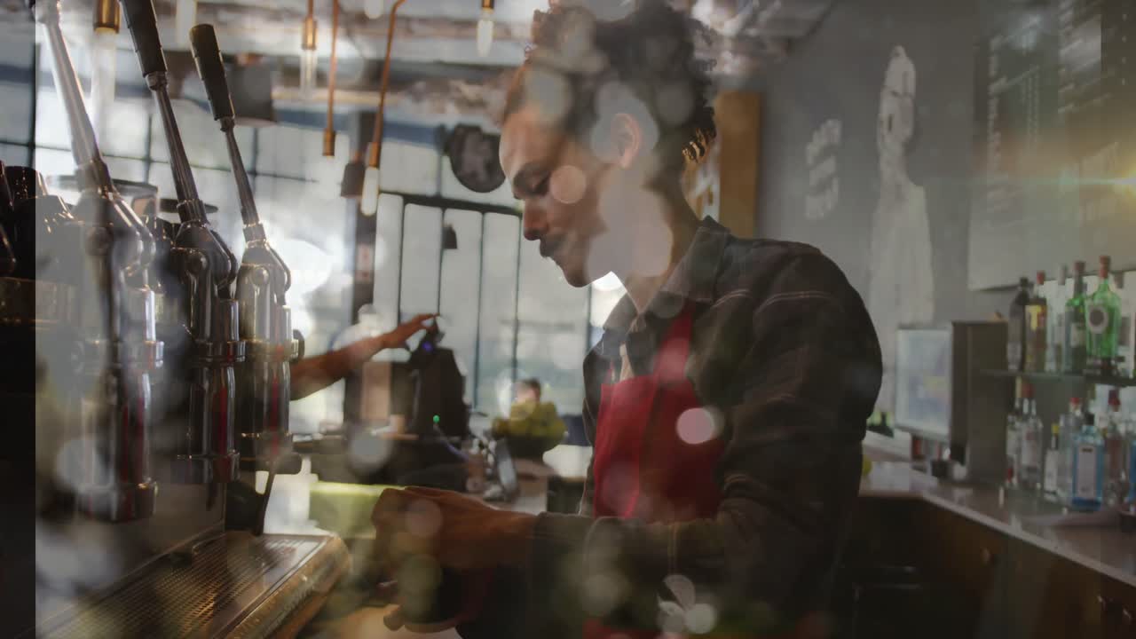 Animazione di punti luce su un uomo che prepara il caffè lavorando in un bar