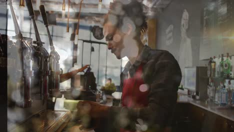 Animación-De-Puntos-De-Luz-Sobre-Un-Hombre-Preparando-Café-Trabajando-En-Una-Cafetería.