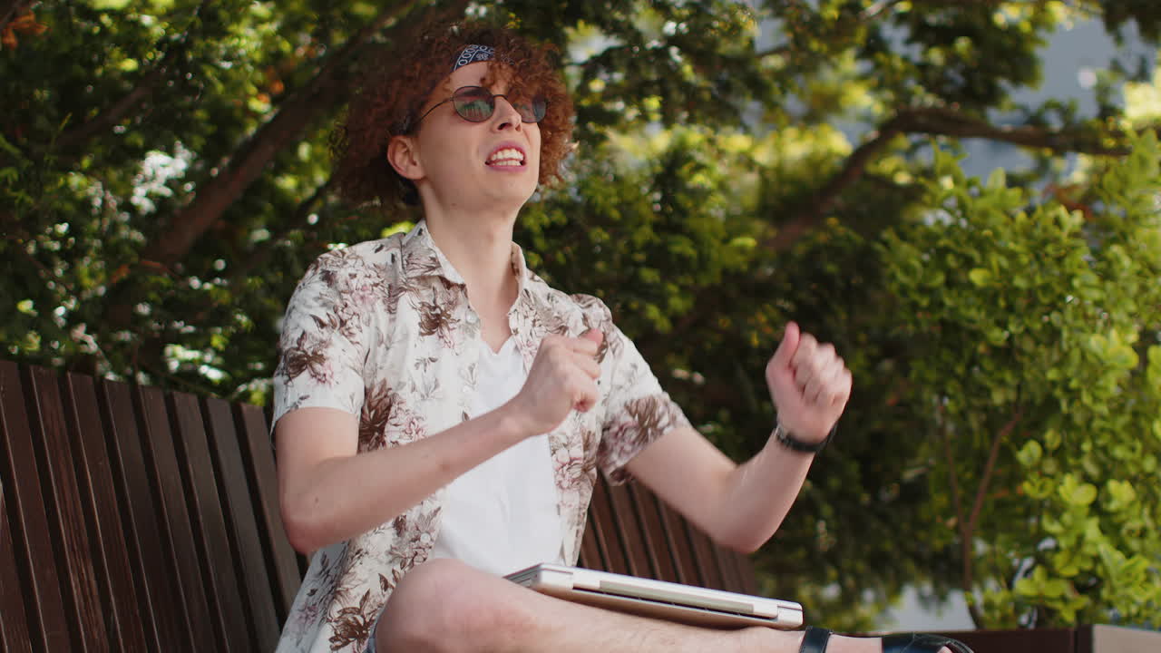 Sad man tourist working using laptop loses lottery casino game results bad news fortune loss fail