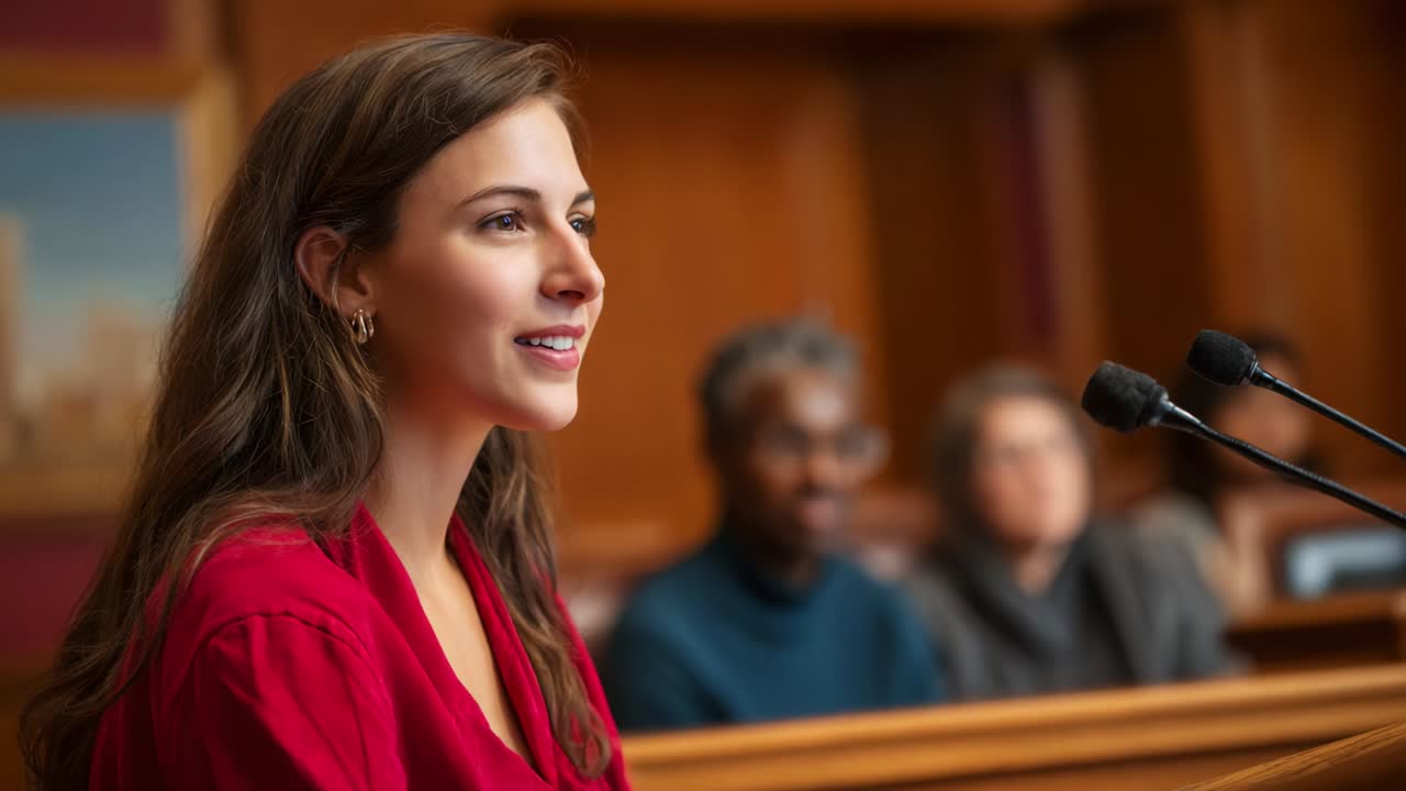 A Confident Young Woman Delivers Her Testimony in a Courtroom Setting, Captivating the Attention of the Jury with Her Poised Presence and Engaging Speech, Signifying the Importance of Justice and Truth in Legal Proceedings