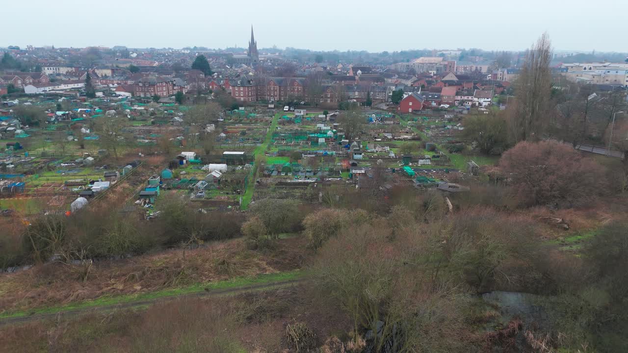 Allotments in bury st edmunds with greenery and a distant townscape, aerial view
