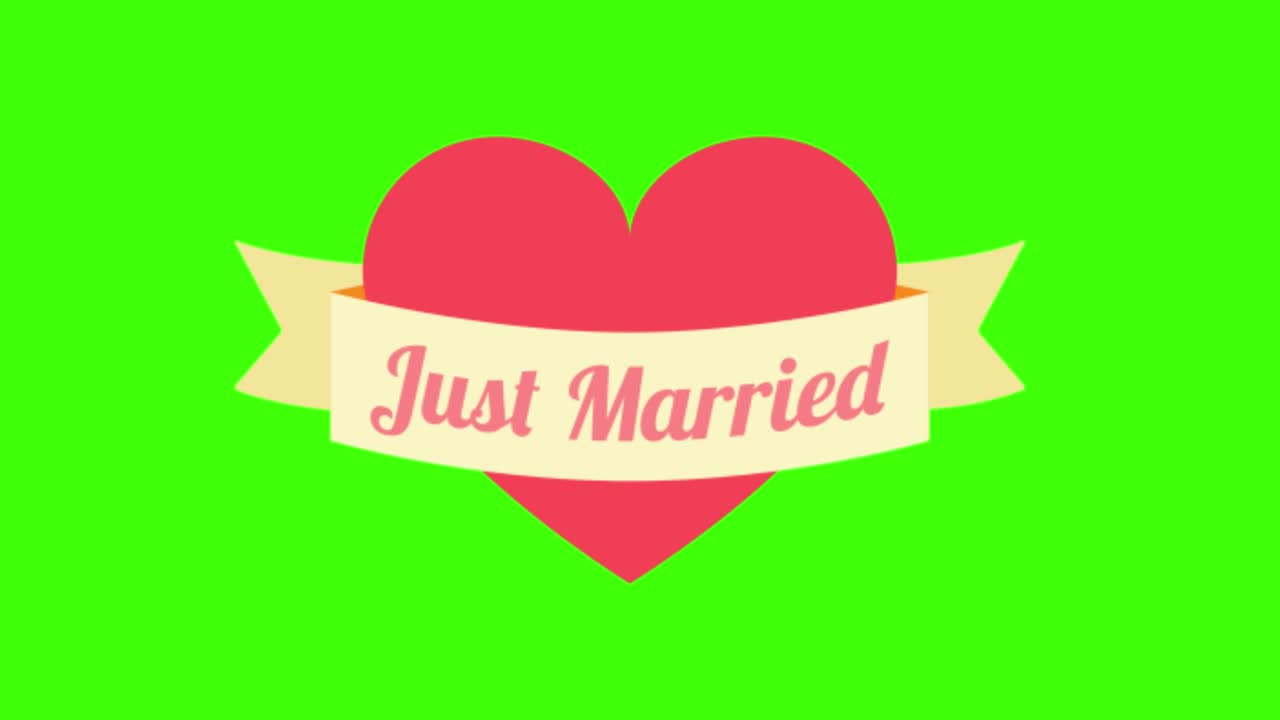 Wedding icon of a heart with a JUST MARRIED sign popping up on the green screen