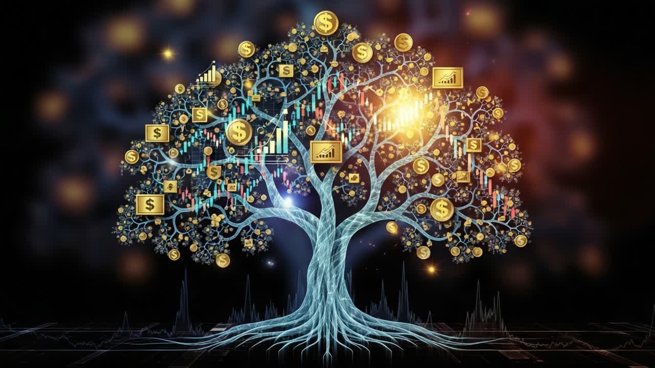 A Visual Representation of Economic Growth: An Artistic Tree Symbolizing Wealth and Financial Insights Through Graphs and Symbols, Highlighting Prosperity in a Dynamic Environment