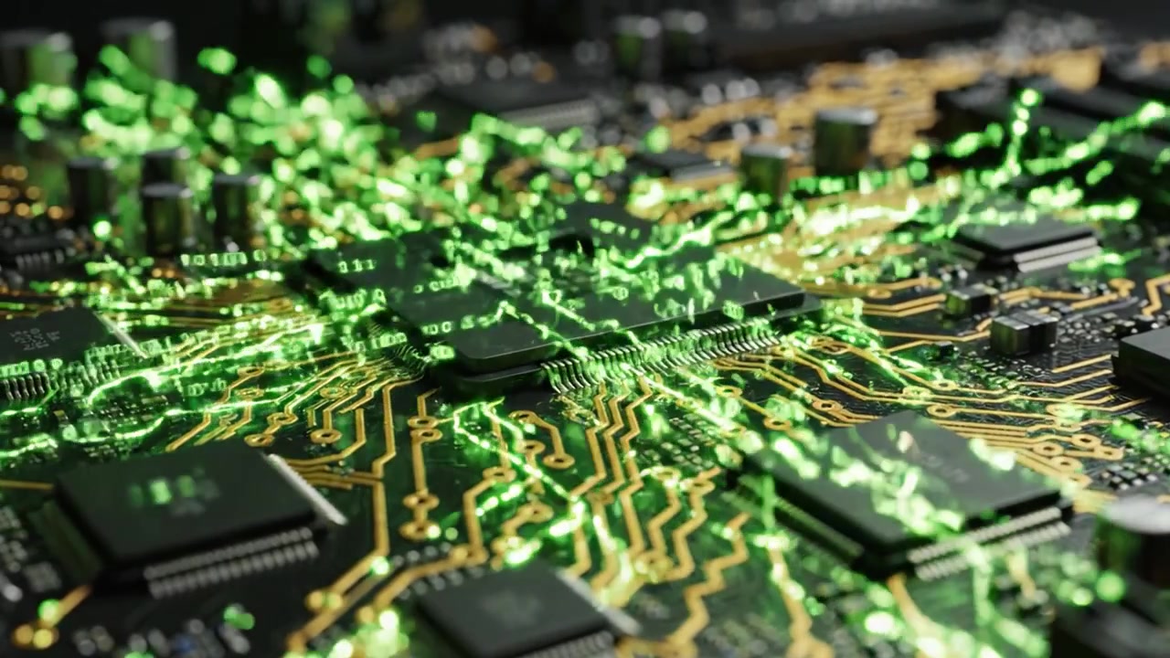 Intricate Circuit Board Evolution: A Close-Up View of Microchip Technology Transforming Data Flow with Illuminated Binary Code Representation